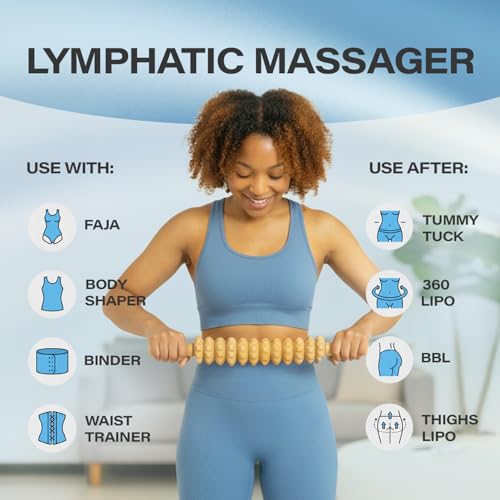 Image of Bruizex Wood Therapy Massage Tool, Lymphatic Drainage Massage Roller Stick - Leg, Back & Thigh Muscle Roller for Post Liposuction & Fibrosis Treatment, 360 Lipo, Tummy Tuck & BBL, Lipo Foam