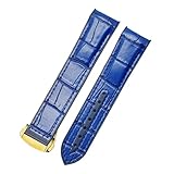 EDVTK35 Reloj de Silicona de Cuero Genuino del Extremo Curvo Compatible con O-Mega S-EASTASTER 007 Muñeca Pulsera de la Correa a Prueba de Agua con Hebilla Plegable Azul(Blue Gold,22mm)