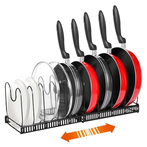 Mythosurge Expandable Pans Organiser Rack, 12 Adjustable Compartments, Pan Lid Holder, Pot Lid Organiser Pan Storage Organizer Rack for Kitchen Cupboard (Black)