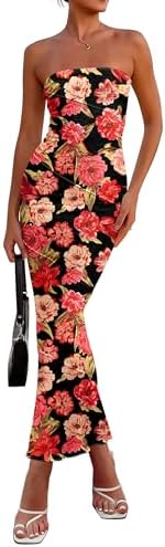 PRETTYGARDEN Women's 2026 Summer Floral Bodycon Maxi Dresses Ribbed Strapless Tube Casual Boho Party Long Dress