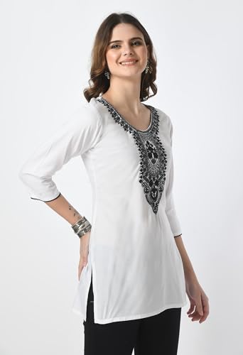 Image of LIBOZA Short Kurti for Women - Lakhnowi Chikankari Embroidered Ladies Kurta, Stylish Girls Top, Ethnic Half Kurtas, Tunic Design Woman Kurtis