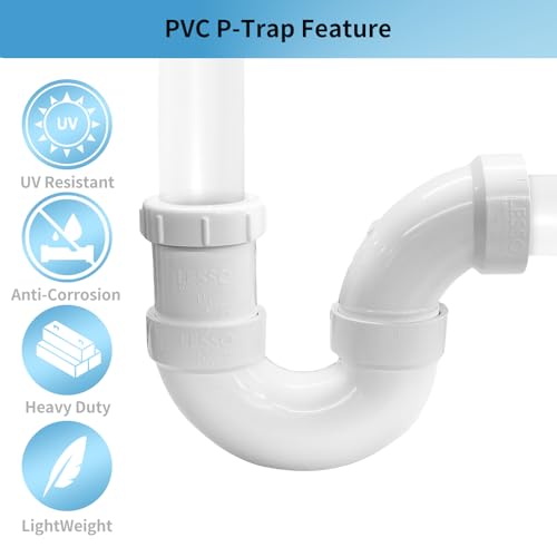 Image of LESSO P Trap PVC 1.5 Inch, 1- /2 inch Pipe RV Drain Bathroom Kitchen Sink | PVC Fitting, White Threaded Adapter Ring, Tubular Kit