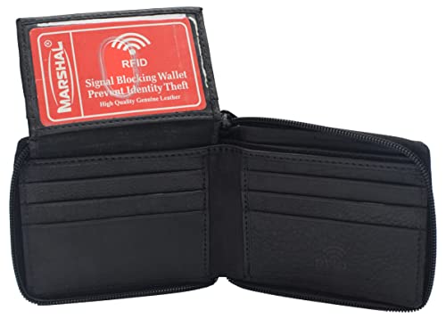 MARSHAL RFID Men's Leather Zipper wallet Zip Around Wallet Bifold Multi Card Holder Purse (Black)