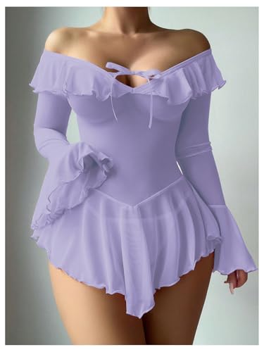 Image of OYOANGLE Women's 2 Piece Off Shoulder Long Sleeve Ruffle Mesh Sheer Nightgowns with Thongs Babydoll Lingerie Set