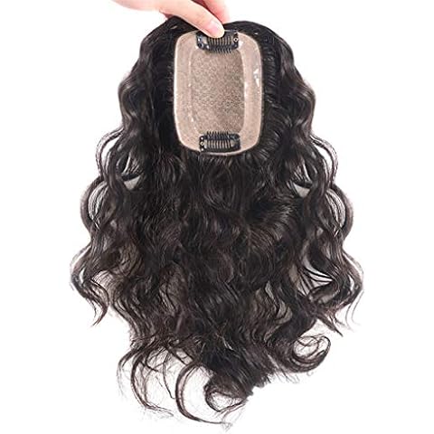 Human Hair Clip in Toppers for Women Wavy Curly, 7x10cm Silk Base Crown Topper Hair Pieces for Thinning Hair (14" Dark Brown) Cover