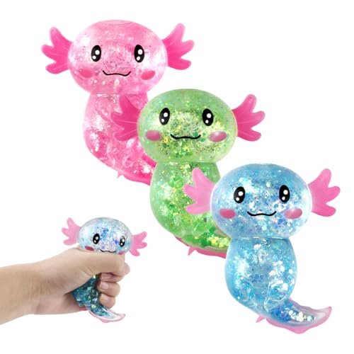 3 Stück Axolotl Squeeze Stress Spielzeug– Stressabbau & Entspannung, Glitzernde Axolotl Antistress Spielzeug Squishy, Squishy Squeeze Toys, Fidget Toys(Grün, Blau, Pink) für Kinder Erwachsener