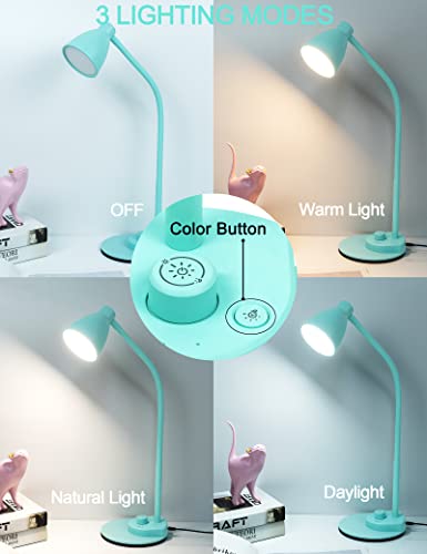 Image of BOHON LED Desk Lamp with USB Charging Port, 3 Color Modes Dimmable, Teal | Reading Lamp, Auto Dimming Task Lamp, Flexible Neck Table Light for Office Dorm Bedside, Adapter Include