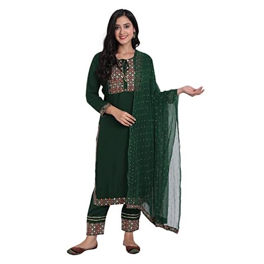 Ziva Fashion Women Embroidered Kurta Pant & Dupatta Set (Green, m)