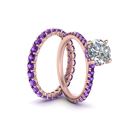 Image of Choose Your Gemstone Hidden Halo Diamond CZ Ring with Gemstone Band Rose Gold Plated Round Shape Wedding Ring Sets Minimal Modern Design Birthday Gift Wedding Gift US Size 4 to 12