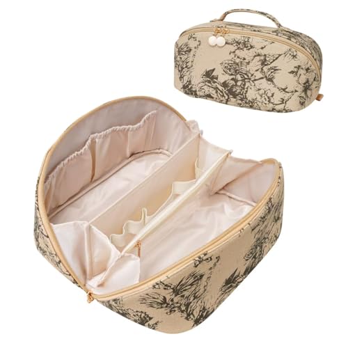 ETTP Large Capacity Cosmetic Bag for Women, Waterproof PU Leather Makeup Bag for Travel,Toiletry Bag Make up Organizer with Divider and Handle (Lighting Coffee)