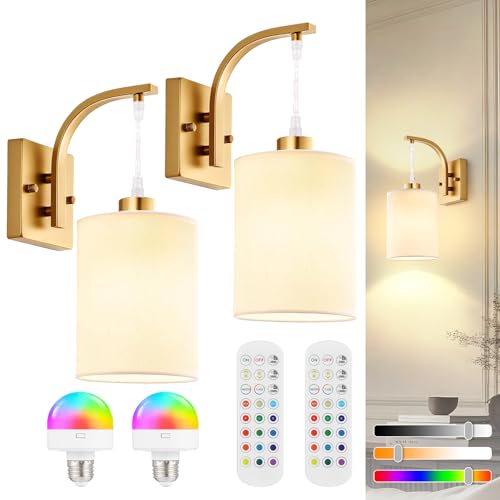 Battery Operated Wall Sconces Set of 2, Brass Gold Rechargeable