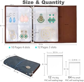 ChezMax Jewelry Organizer, Jewelry Storage Book with Pockets, Foldable Earrings Travel Album, PU Leather Accessories Holder Booklet for Bracelets Necklace Rings (64 Grids+64 Anti-Oxidation PVC Bags)