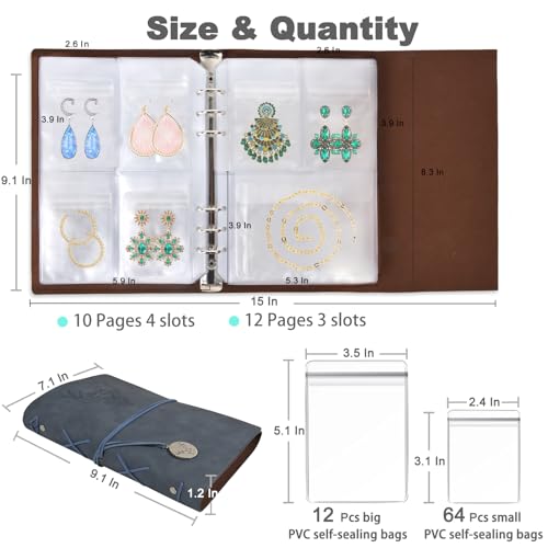 ChezMax Jewelry Organizer, Jewelry Storage Book with Pockets, Foldable Earrings Travel Album, PU Leather Accessories Holder Booklet for Bracelets Necklace Rings (64 Grids+64 Anti-Oxidation PVC Bags)