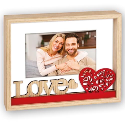 Generico Cadre photo en bois 10 x 15 cm avec cœur rouge et inscription Love en relief pour amoureux de table ou de mur