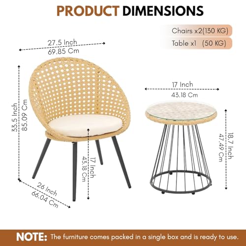 Image of DEVOKO Furniture 3-Piece Indoor Outdoor Bistro Set -Finish with Rattan & Wicker Chairs and Glass Top Center Table (Beige & Off-White)