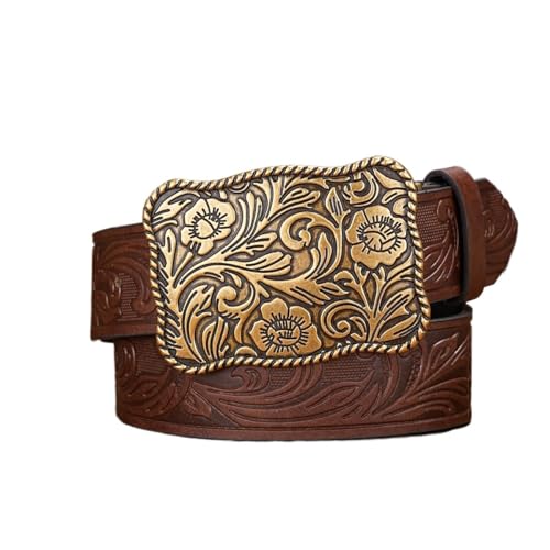 Ceinture en cuir cowboy marron 120 cm boucle vintage fleur relief