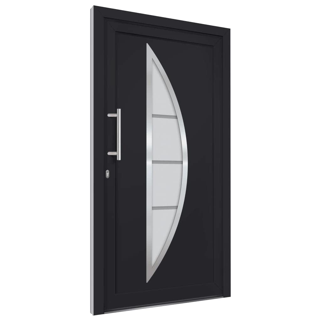 Puerta de entrada antracita 88 x 200 cm con cierre de 5 puntos, acristalamiento aislante, umbral de aluminio, marco de plástico, incluye juego de asas, cilindro de perfil, cinta de sellado