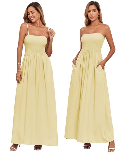Image of Aigeman Women Detachable Strap Dress Strapless Smocked Bodice Maxi Dress Pockets Long Swing Flowy Beach Sundress 373