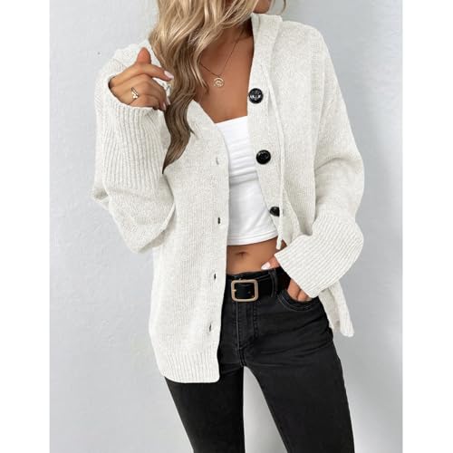 Blostirno Women's Casual Hooded Cardigan Sweaters V Neck Button Down Long Sleeve Kint Cardigans Coat3