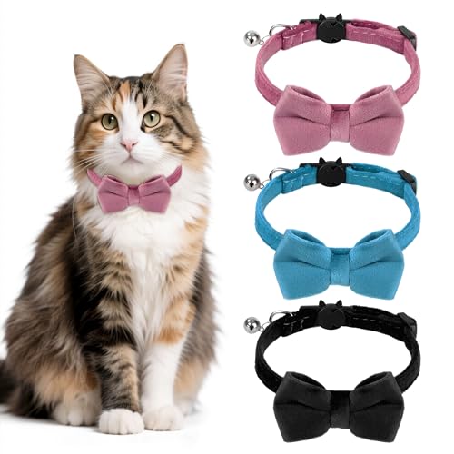 Collier Chat Anti Etranglement Collier de Chaton Réglable Collier pour Chat avec Nœud Papillon et Clochette pour Chaton Chats Chiot 3 Couleurs