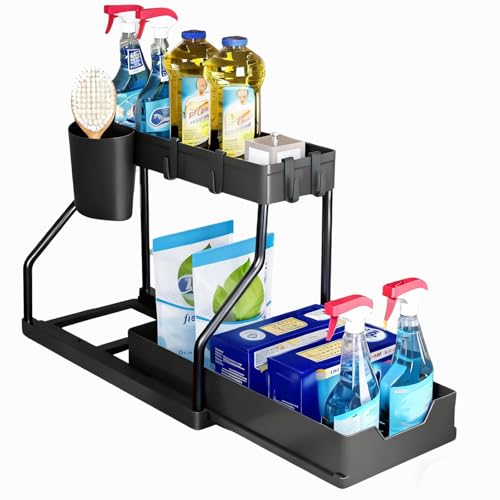 MIMOCASA Organizador Bajo Fregadero Cocina y Baño - Organizador Fregadero Extraíble Estante Almacenamiento con Cestas Colgante y 4 Ganchos, Cocina, Baño y Hogar, Negro MIMOCASA Organizador Bajo Fregadero Cocina y Baño - Organizador Fregadero Extraíble Estante Almacenamiento con Cestas Colgante y 4 Ganchos, Cocina, Baño y Hogar, Negro