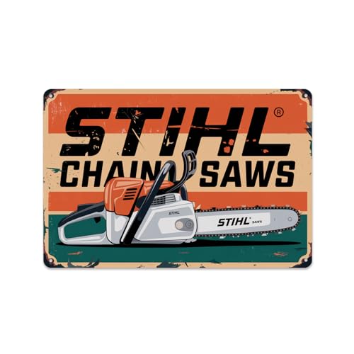 Chainsaw Metal Sign, Retro Logo Wall Decor 8x12