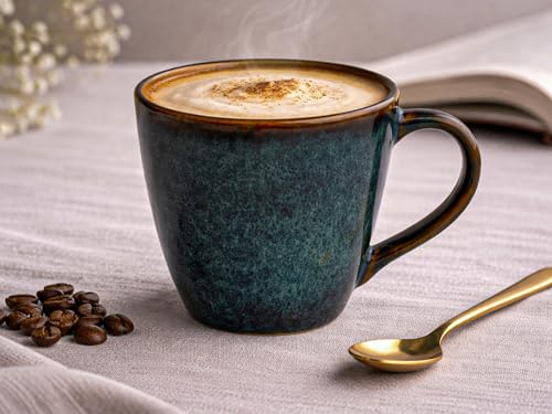 Image of Bodhi House Handcrafted Ceramic Coffee Mug Set of 4 Pieces (350 Ml), Stoneware Tea Cup, Microwave Safe Large Milk Mug, Glossy Finish, Ideal for Daily use, Casual Gatherings and Gifting, Greenish Blue