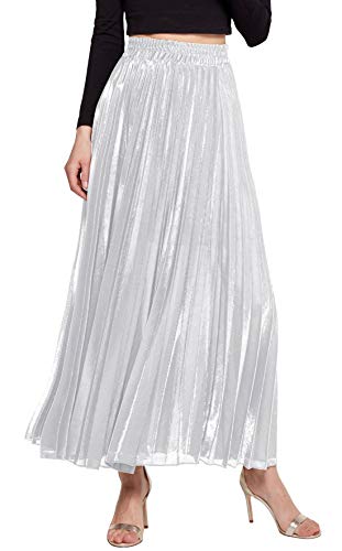 CHARTOU Women's Premium Metallic Shiny Shimmer Accordion Pleated Long Maxi Skirt (Medium, White)