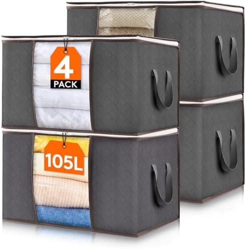 Lifewit 105L Aufbewahrungstasche Groß, Faltbare Kleideraufbewahrung 4 Stück | Aufbewahrungsbox mit Deckel, Umzugskartons, Kleiderschrank für Bettdecken, Kleidung, Unterbett, Kleide