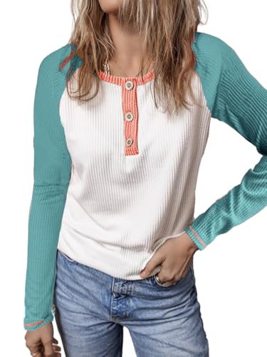 KINLONSAIR Women Raglan Long Sleeve Crew Neck Tunic Regular Fit T-Shirts Color Block Fall Button Down Henley Shirts3