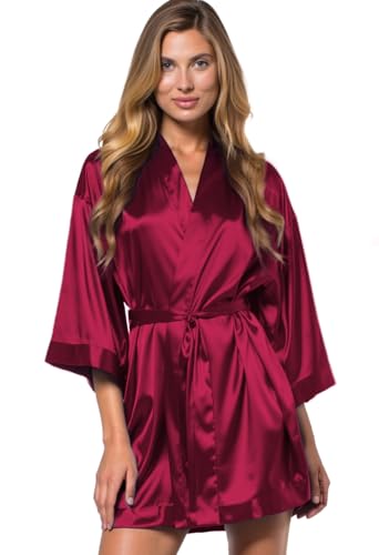 Image of Turquaz Women's Bride Bridesmaids Robe - Satin Kimono Robes for Wedding & Bridal Party Silk Like Lightweight Robes for Women, Wine Red, Medium