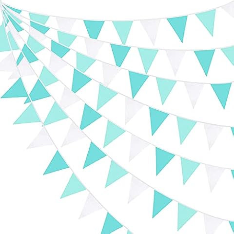 10M/32.8Ft Aqua Green Fabric Bunting Banner Party Decorations Teal Blue Cloth Triangle Flag Garland Pennant for Birthday Wedding Baby Shower Nursery Summer Outdoor Garden Hanging Festivals Decoration Cover