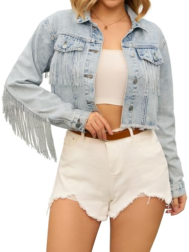 CIMUK Women's Cropped Jean Jackets Fringe Long Sleeve Frayed Hem Tassel Trim Denim Jacket Light Blue XL