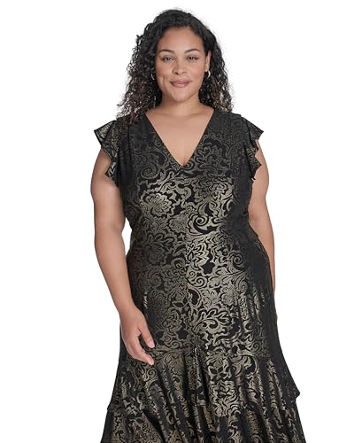 Image of Tommy Hilfiger Women's Flutter Sleeve V-Neck Ruffle Trim Hi-Lo Midi Dress