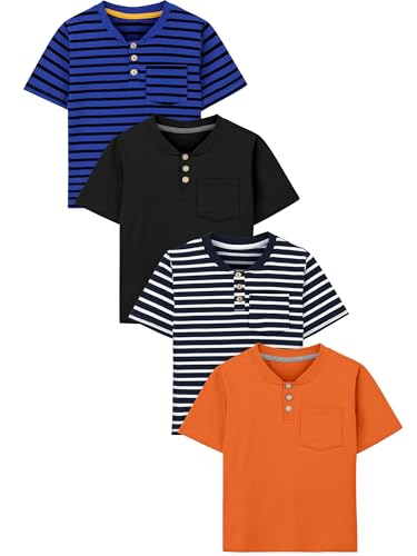 Image of Poroka 4 Pack Baby Boys and Toddlers Cotton Short-Sleeve T-Shirts Pocket Button Crew Neck Tee Short-Sleeve Shirts