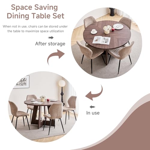 Image of 47 inch Round Dining Table Set for 4, Kitchen Table and Chairs | Wooden Cross Base, Boucle Fabric Chair, for Apartment