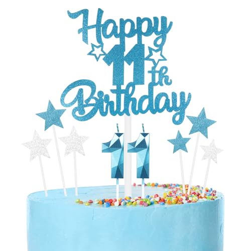Set di candele per torta per 11° compleanno blu,11° Decorazioni di compleanno per ragazzi,Candele numero 11 per torta,blu stella torta con d'argento per decorazioni di festa per ragazze ragazzi