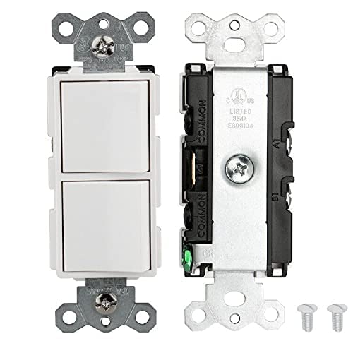 Baomain 2-Pack Duplex Rocker Switch, 15 Amp, 120Volt, Single-Pole AC Combination Switch, Commercial Grade, Grounding White UL & CUL Listed
