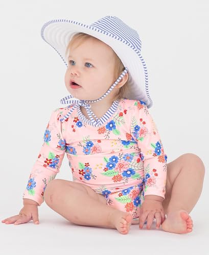 Image of RuffleButts Baby Girls UPF 50+ Sun Protection Floral Printed Long Sleeve One Piece Rash Guard Swimsuit with Zipper