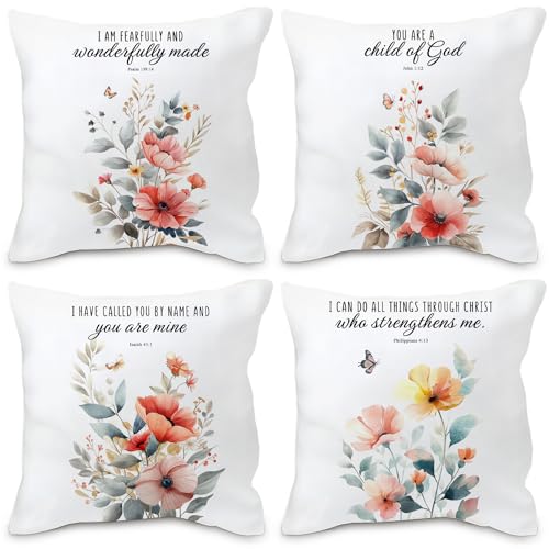 Nvotell Bible Wildflowers Decorative Pillow Covers Set of 4 - Floral Christian Bible Verse Pillow Covers with Sayings, Spring 18x18, Encouraging Gifts for Women