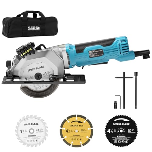 Seesii Mini Circular Saw with Laser Guide,4.8A 4000 RPM Compact Corded Circular Saw with Rip Guide,3 Blades (4-1/2') for Wood,Soft Metal,Tile,Plastic Cutting,Max Cut Depth 1-11/16'(90°),1-1/8' (45°)