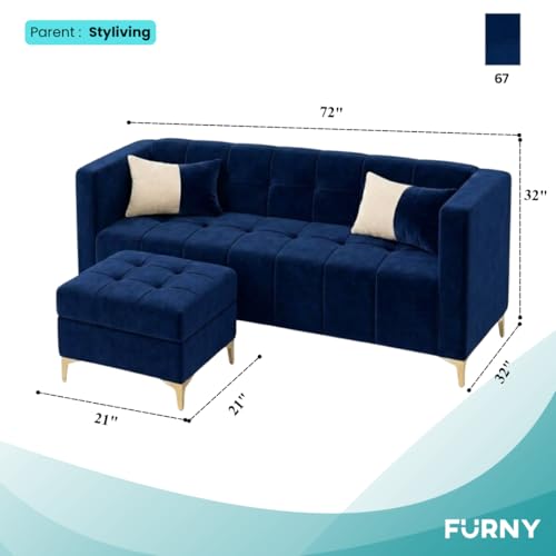 Image of FURNY Homeliving 4 Seater L Shape Sofa Set with Movable Ottoman & Golden Legs | Flexible Left or Right Layout | Plush Velvet Fabric (Dark Blue) | Perfect for Living Room, Guest Room & Office