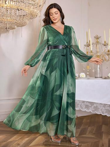 Image of Spring Summer 2024 Plus Size Womens Dresses V Neck Casual Elegant Long Sleeve Floral Print Maxi Dress