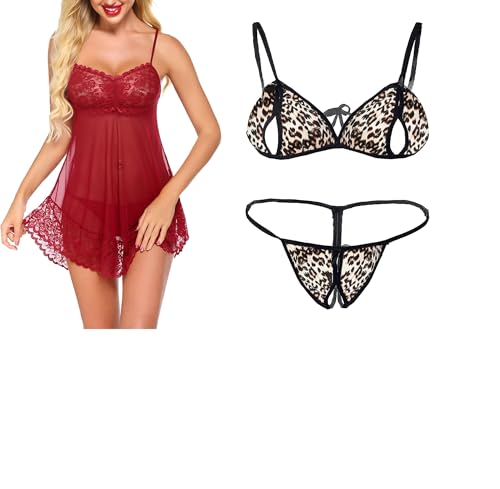 Image of SSoShHub Lace Babydoll Lingerie Sexy Mini Chemise Mesh Wedding Nightie Bridal Nightdress with Bikini
