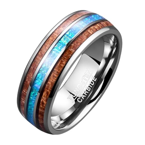 NUNCAD Bague Homme/Femme Argenté en Tungsten avec l'opale-Synthétique,Bague Bois 8mm Anneau pour...