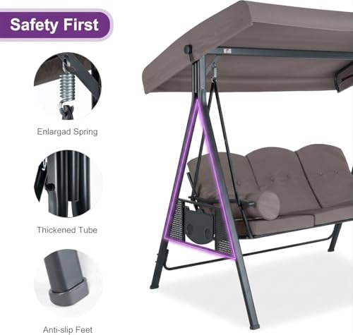 Image of PURPLE LEAF Outdoor Patio Porch Swing with Stand, 3-seat Swing Chair with Adjustable Tilt Canopy All-Weather Steel Frame for Backyard Front Porch Lawn, Cushions and Pillow Included, Grey