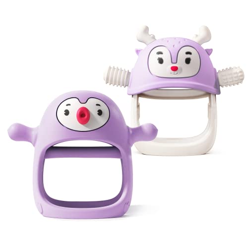 Image of Smily Mia Baby Teething Toys for 0-6Months, Baby Teether for 6-12Months, Never Drop Penguin and Reindeer Baby Gift Set, Perfect Baby Easter Basket Stuffers, Hand Pacifer+Hand Teether Set, Light Purple