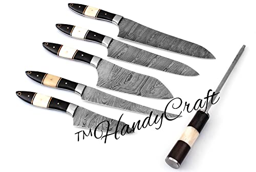 Handycrafts Hk71 Damascus Chef Knife Set Of 6 Pieces Professional Utility Japanese Style Bbq Steel With Black American Wood And Camel Bone Leather Sheath Cover, Hc71, Black/White, 11 X 3 X 2 Inches #TOP6