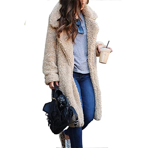 HINDOLA Women Fuzzy Fleece Lapel Open Front Long Cardigans Coat Faux Fur Fall Winter Warm Outwear Long Jackets2