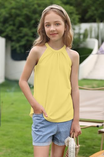 Image of BesserBay Girls Summer Back Button Halter Neck Tank Top Cold Shoulder Casual Blouse Pleated Sleeveless Shirts 5-14 Years